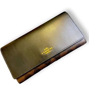 Coach C5966 Signature Slim Trifold Wallet Clutch Brown Black Logo